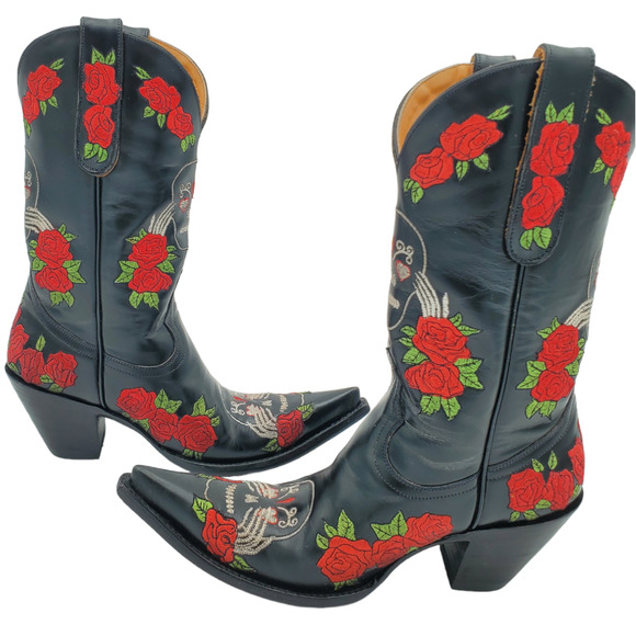 Old Gringo See No Evil Skull & Rose Cowboy Cowgirl Boots - Picture 3 of 12